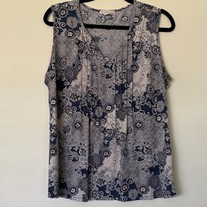 Elegant Navy and Gray Floral Sleeveless Blouse